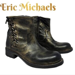 Eric Michael Dark Gold Metallic Womens Boots Sz 7.5 Brennero Moto Lace Up Detail